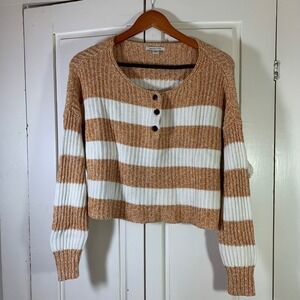 American Eagle Brown White Striped Ribbed Cropped Henley Sweater M Slouchy Comfy